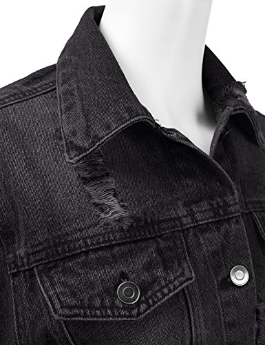 DRESSIS Womens Vintage Button Down Destroyed Cropped Denim Jacket Black M - Thumbnail 3