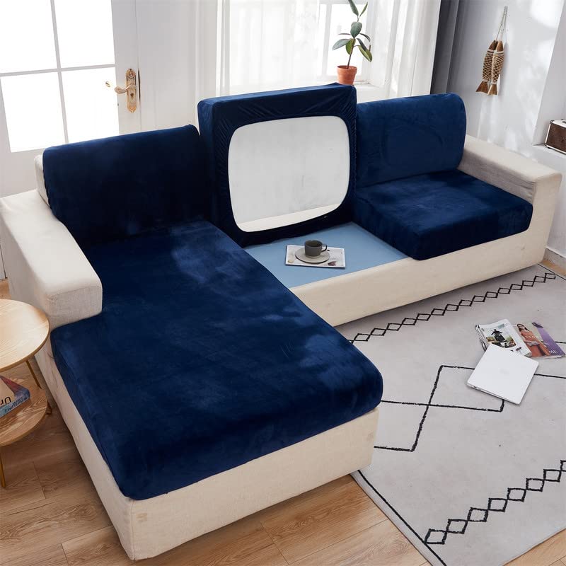 Soft Velvet Sofa Seat Cushion Cover - Stretch Anti Slip Sofa Cover Couch Cushion Covers for Sectional Sofa L Shape, Sofa Cushion Slipcover Furniture Protection (Navy, Large Single Seat Cover)