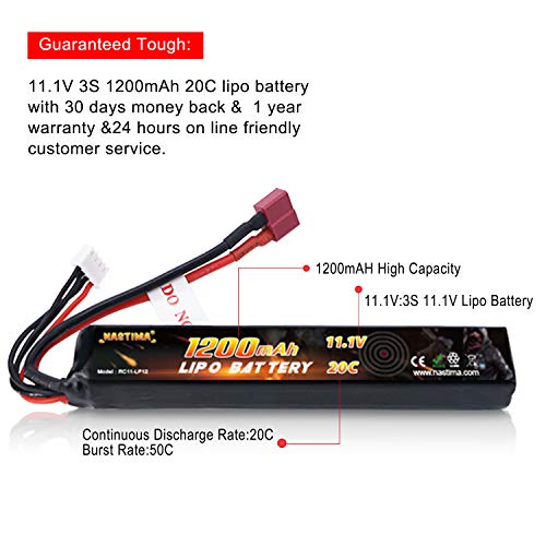 NASTIMA 11.1V 1200mAh Airsoft Stick Battery, 3S 20C LiPo Battery Pack