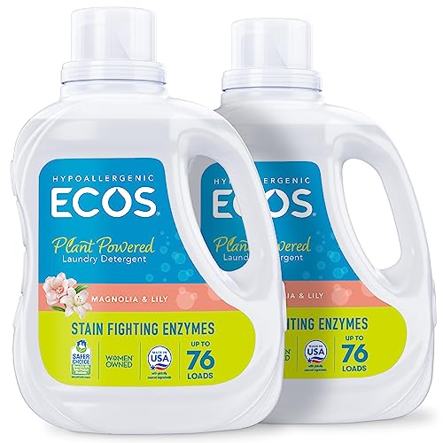 ECOS Laundry Detergent Liquid with Enzymes, 152 Loads - Plant-Powered Hypoallergenic Laundry Soap for Activewear, Pet Stains and Tough Odors - Magnolia Lily, 70 Fl Oz (Pack of 2)