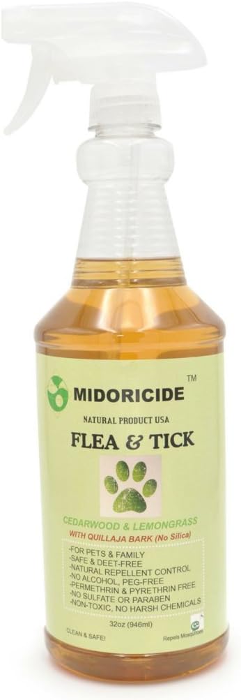Midoricide Natural Flea & Tick Control and Repellent Spray- Cedarwood Oil + Lemongrass+ Quillaja-32oz