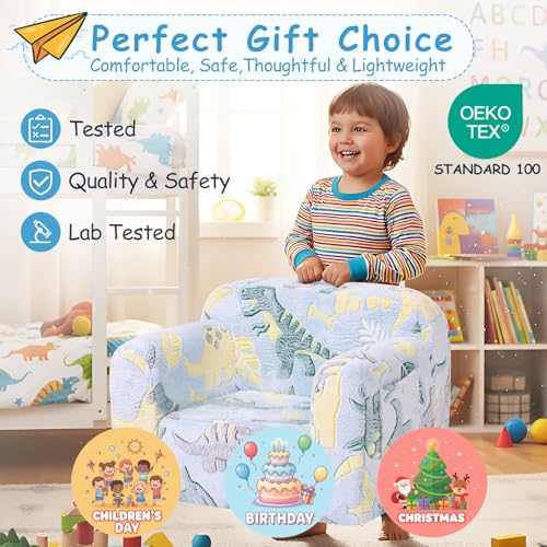 Tiita Kids Sofa, Childrens Couch with Carry Handle, Portable Toddler Foam Sofa Couch,Nursery Kids Couch, Lightweight Kids Chair for Playroom, Dorm Room, Small Space,Faux Fur Dinosaur
