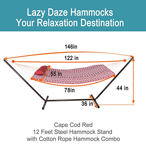 Lazy Daze Hammocks 12 Feet Steel Hammock Stand with Cotton Rope Hammock Combo,Quilted Polyester Hammock Pad, Pillow, Mag Bag and Cup Holder, Cape Cod Red