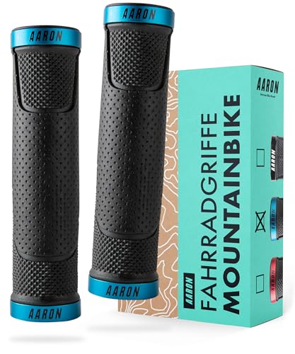 AARON MTB Fahrradgriffe, sportliche Lenkergriffe aus rutschfestem Gummi, Blaue Lock-On Gel Griffe mit Lenkerendkappen für Mountainbike, Trekkingrad, E