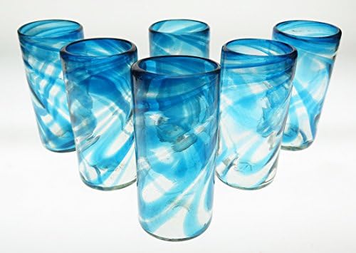 Mexican Glasses Turquoise / Aqua Marine Swirl Tumblers 20 Oz Set of 6
