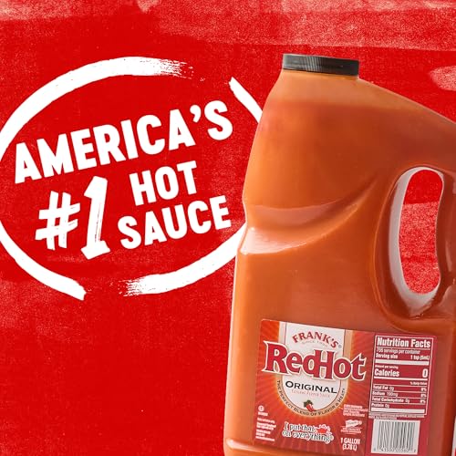 FRANKS REDHOT ORIGINAL CAYENNE PEPPER HOT SAUCE, 1 GAL – ONE GALLON BULK CONTAINER OF CAYENNE PEPPER HOT SAUCE TO ADD FLAVORFUL HEAT TO ENTREES, SIDES, SNACKS, AND MORE