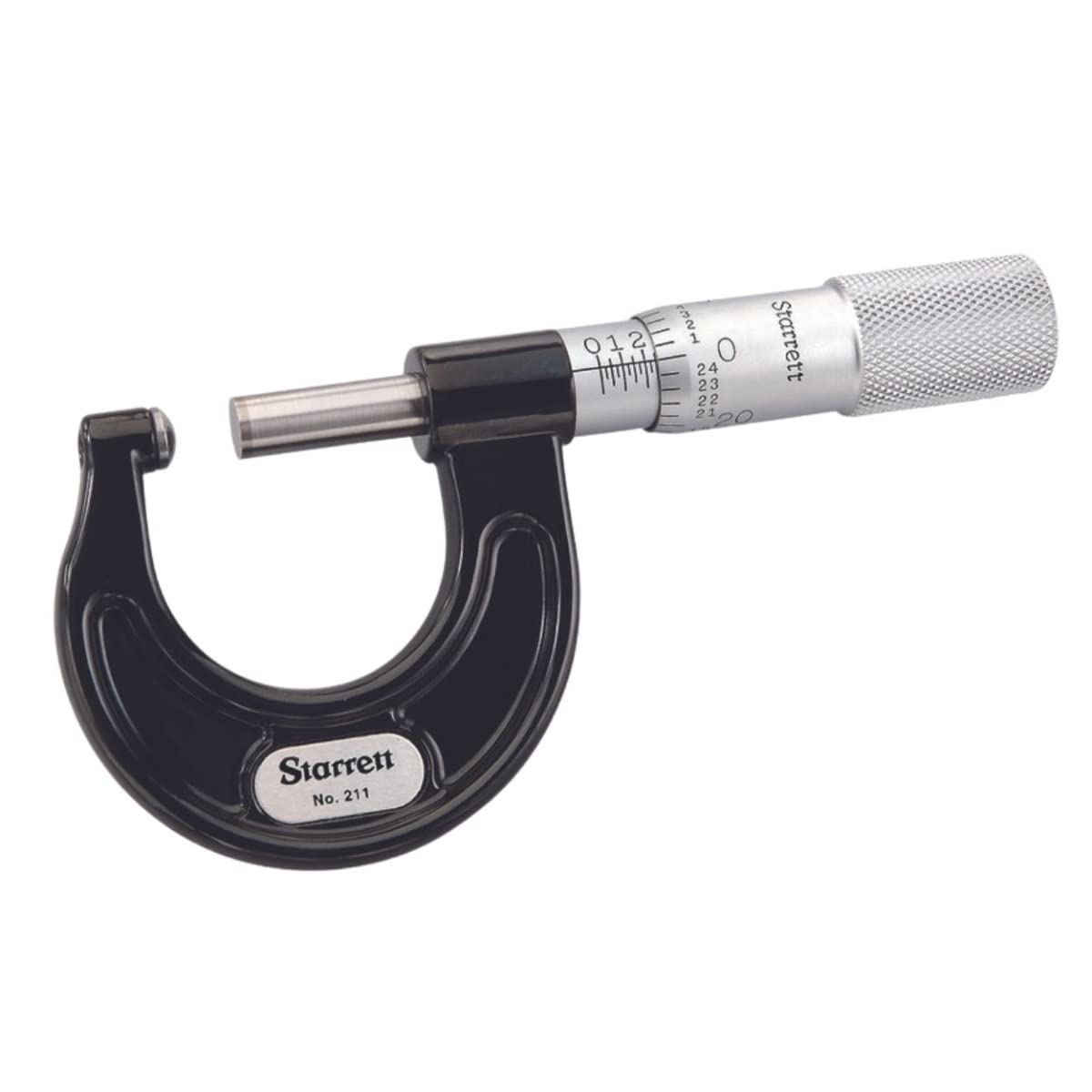Starrett 211XP Outside Micrometer, Plain Thimble, Carbide Faces, 0-1" Range, 0.001" Graduation, +/-0.001" Accuracy, Black Enamelled Tapered Frame