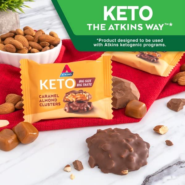 ATKINS CARAMEL ALMOND CLUSTERS, GLUTEN FREE, HIGH IN FIBER, 1G SUGAR, 2G NET CARB, KETO FRIENDLY, 20 COUNT