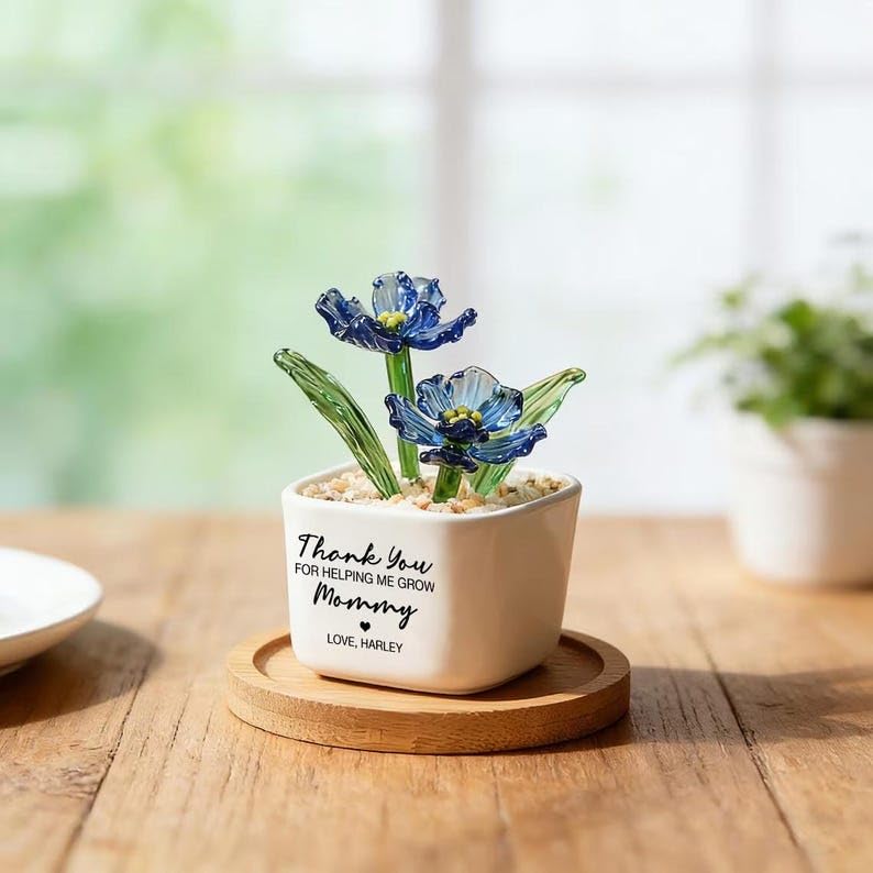 LoveSignal Custom Birth Month Flower Glass Everlasting Pot - Personalized Indoor Artificial Plant Gift for Mom Grandma