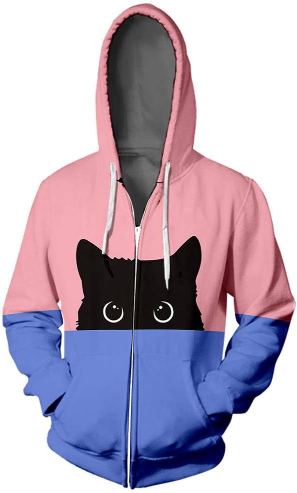 Opinionated Women's Hoodie Couple Hooded Lover Cat Print Hoodie Tops Hip Hop Zipper Color Stamped Long Sleeve Blouse Coat