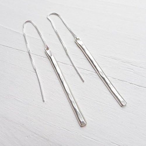 Long Threader Earrings Hammered Bar in Sterling Silver