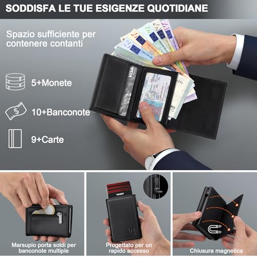 Portafoglio Uomo Slim, Portacarte in Pelle con Protezione RFID, Porta Carte di Credito Uomo Piccolo, Porta Tessere con Portamonete e Scomparti Banconote
