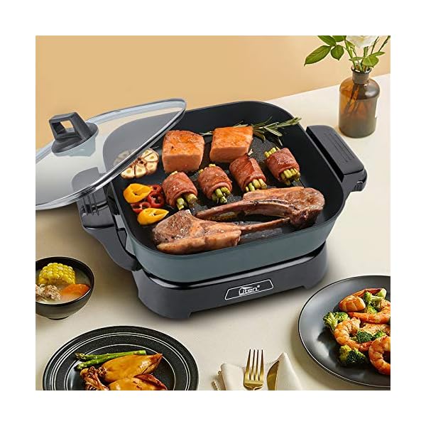 Uten Multi Function Electric Cooker Pan with Glass Lid , Integrated Kitchen Pot , Electric Hot Pot , Electric Barbecue Grill ,  Adjustable Temperature Control , Cool Touch Handles & Non-Stick