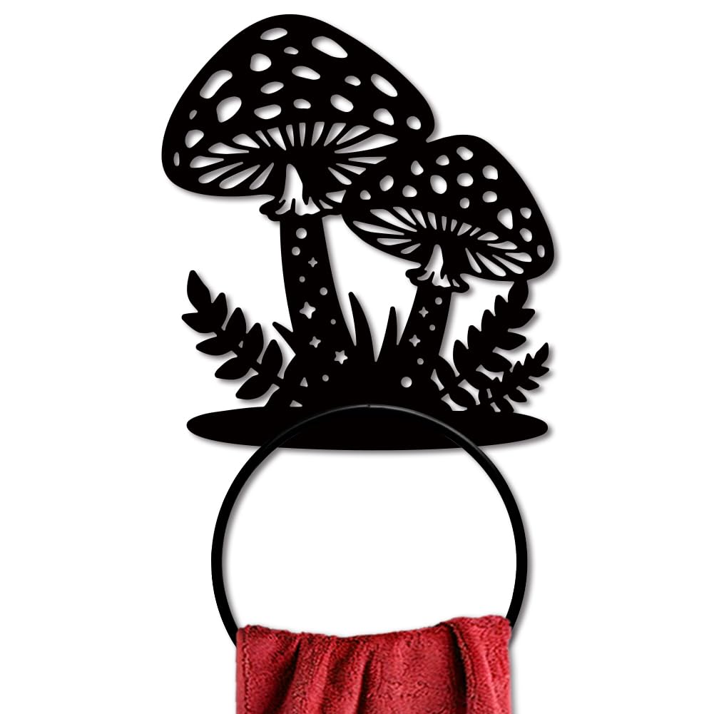 MAYJOYDIY Mushroom Towel Ring, Wall Mounted Metal Holder, Magic Mushroom & Star Dot Design, Botanical Leaf Home Decor for Bathroom Kitchen
