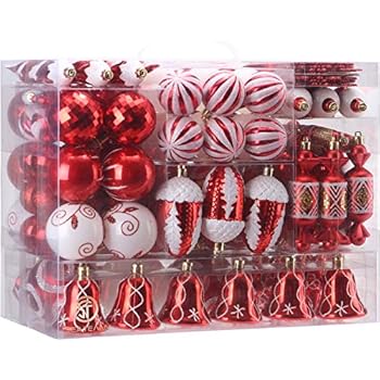Sea Team 155-Pack Assorted Shatterproof Christmas Ball Ornaments Set Decorative Baubles Pendants with Reusable Hand-held Gift Package for Xmas Tree (Red)