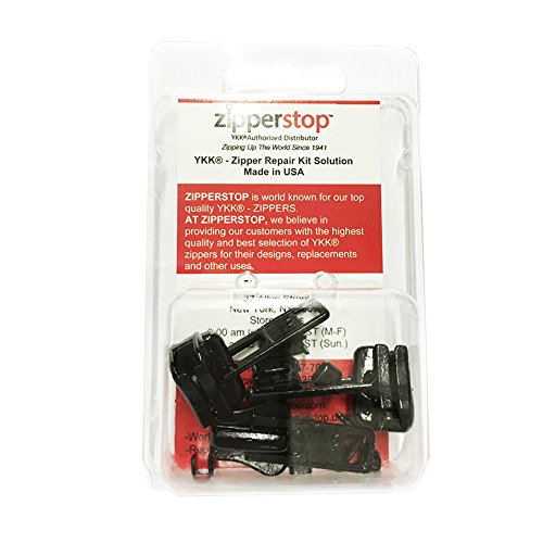 ZipperStop Wholesale - Zipper Repair Kit Solution - YKK #8 Molded Pulls Vislon Slider Made in USA - 3 Sliders Per Pack with Top and Bottom Stoppers Color Black.