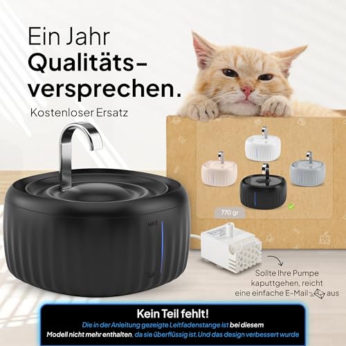 PrettyPaw Cat Fountain - Super Quiet, BPA-Free 3L Drinking Fountain for Cats with LED and Activated Carbon Filter - Easy to Clean Cat Drinking Fountain - Aqua Flow (Black)