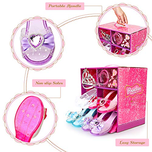 Princess Dress Up Shoes and Jewelry Boutique,Girls Role Play Shoes with Princess Jewelry, 4 Play Shoes with Fashion Accessories of Tiara Crown Earrings and Bracelets for Girls Aged 3 4 5 6 Years Old
