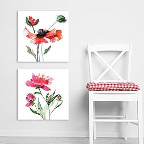 2 Panel Square Canvas Wall Art - Watercolor Style Red Flowers on White Background - Giclee Print Gallery Wrap Modern Home Art Ready to Hang - 12"x12" x 2 Panels