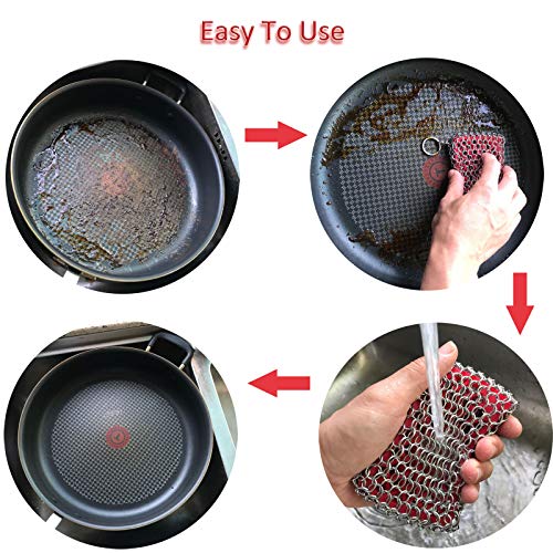Cast Iron Skillet Cleaner, 316 Stainless Steel Chainmail Cleaning Scrubber with Silicone Insert