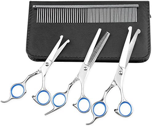 FlyCreat 4PCS Stainless Steel Dog Grooming Scissors, Rounded Tips Curved Pet Grooming Shears with Combs For Cats Dogs and More Pets