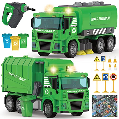 Garbage Truck Toys - 2-in-1 148 Pcs STEM Garbage Truck & Street Sweeper Take Apart Toy w/Drill, Push & Go, Lights & Sounds for Kids – Construction Vehicle Playset for Boys Ages 5 6 7+ Years Old
