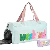 Shinylin 2 Pcs Weekender Bags for Women Sleepover Overnight Bag with Shoe Compartment Green Pink Chenille Letter Travel Duffle Bag for Girls Travel Gym Hospital