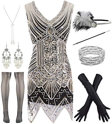 Ponce FashionWomen 1920s Short Prom Dresses V Neck Sequins Cocktail Flapper Plus Dress 20s Accessories Set