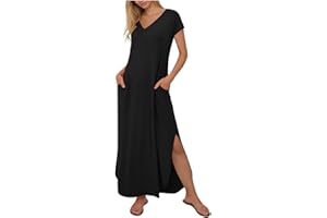 Women Short Sleeve Summer Dresses Side Slit Long Tshirt Dresses with Pocket Casual Loose Lounge Maxi Dress