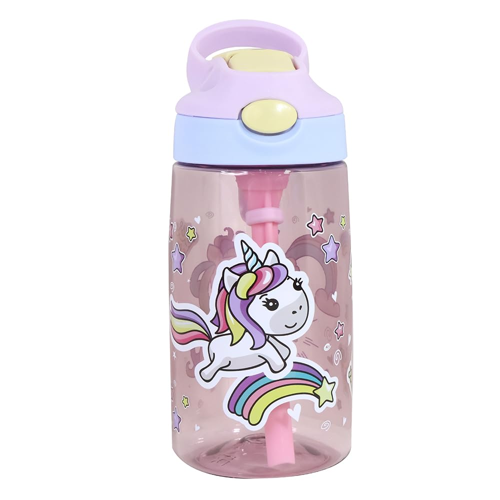 iZEL Kids 480ml Tritan Kids Water Bottle Sports Water Bottle with Flip Straw BPA Free LeakProof Water Bottle for School Travel Adventure Summer Camp and Sports, for Girls and Boys (Pink Unicorn)