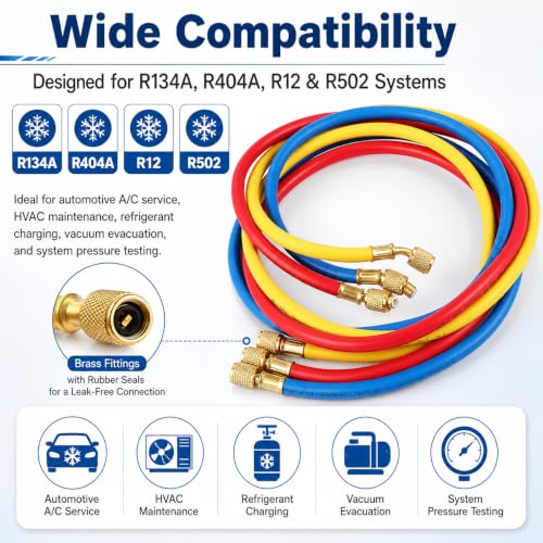 3Pcs R134a AC Manifold Gauge Hose Kit 60 Inch photo 12