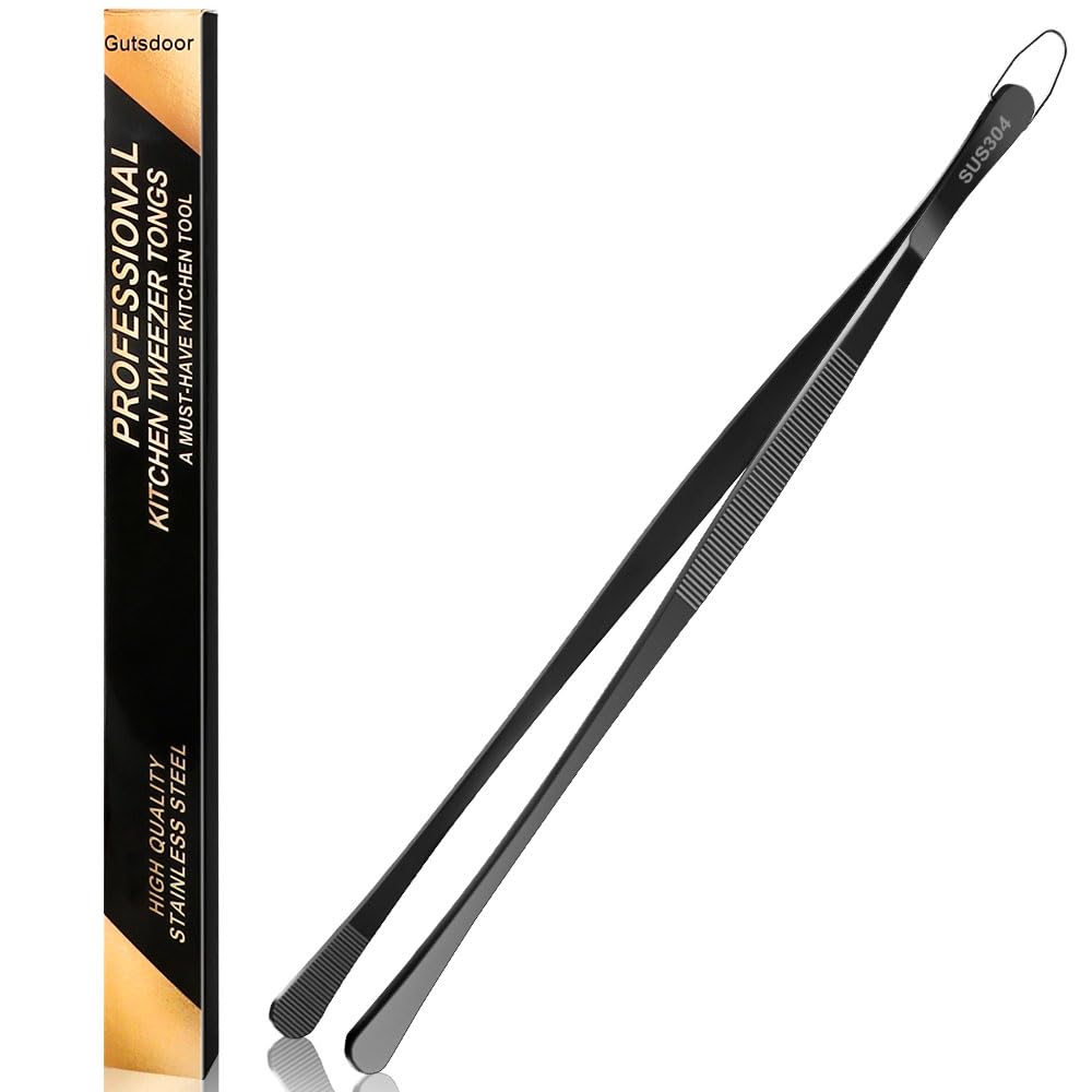 Gutsdoor Kitchen Tweezers for Cooking Tongs Professional Stainless Steel Tweezers (Black 12 Inch Wide-Tipped)