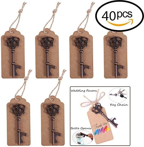 40 Pcs Wedding Favors,3X1.1 Inches Skeleton Key Bottle Opener with Escort Card Tag and Twine by Gloween