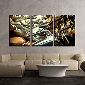 3 Piece Canvas Wall Art - Close Up of a High Power Motorcycle, Classic Vintage Style. - Modern Home Art Stretched and Framed Ready to Hang - 16"x24"x3 Panels