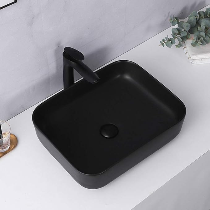 EBTOOLS Lavabo de cerámica para baño y aseo, color negro, 45 x 34,5 x