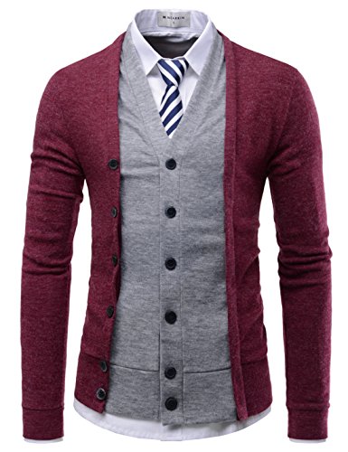 NEARKIN (NKNKCD139 Slim Cut Look 2 Tone Layered Button Cardigan Sweater for Men Wine US XL(Tag Size XL) - Thumbnail 3