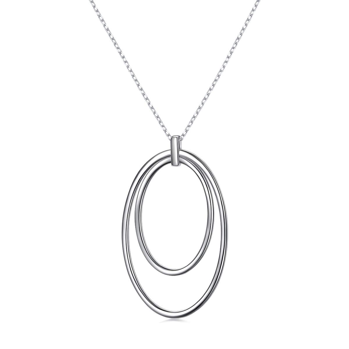DAOCHONG 925 Sterling Silver Double Circle Pendant Necklace Long Chain Sweater Necklace for Women, 28” + 2” Cross Chain