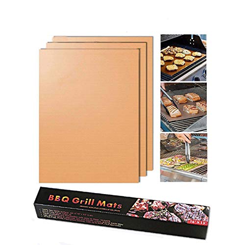 BBQ Grill Mat 100% Non-Stick Set Of 3, Golden Copper Grilling Mats 3 Pack, Barbecue Accessories FDA-Approved, PFOA-Free, Reusable, Pad For Gas, Charcoal, Electric Grills, Baking Sheet, Oven, Smoker