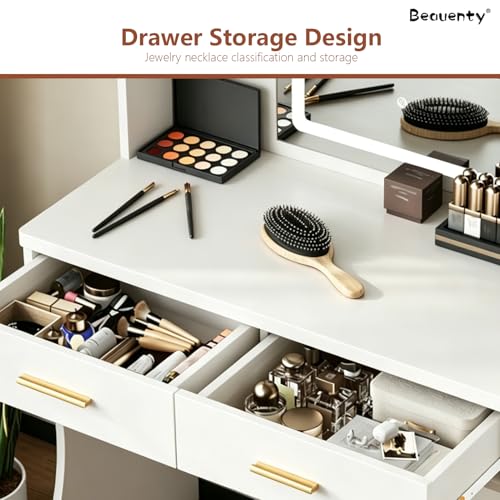 Beauenty Makeup Vanity Table, Vanity Desk with LED Mirror and Stool, Modern Simple Dressing Table with 2 Drawers and Multi-level Storage, Vanity Set Gifts for Women and Girls, White (80 * 40 * 140cm)