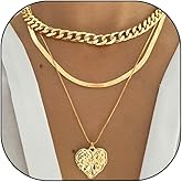 Navirix Chunky Gold Heart Pendant Necklaces Set for Women Layered Cuban Link Chain Choker Necklaces Adjustable Snake Bone Chain Necklace Jewelry Accessories