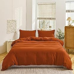 Luxlovery Burnt Orange Pom Fringe Comforter Set Cal