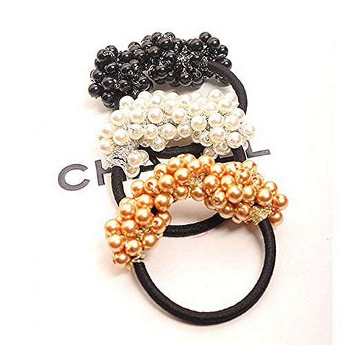 DondPO Fashion Rhinestone Crystal Pearl Hair Band Rope Elastic Ponytail Holder for Women and Girls Black