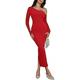 Yousify Womens One Shoulder Long Sleeve Party Dresses Back Slit Bodycon Cocktail Party Dress