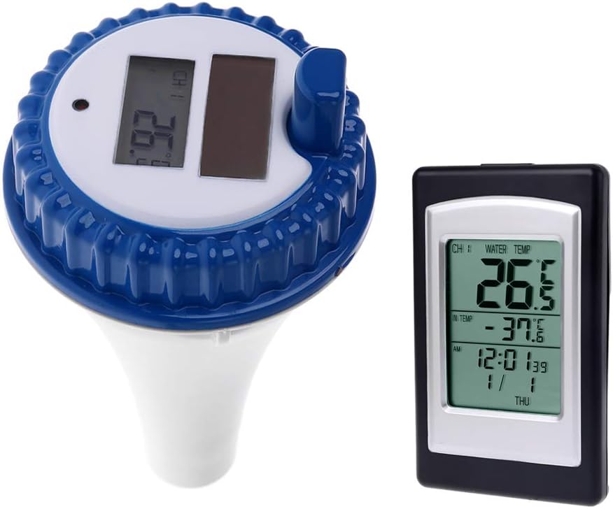 WuLi77 Solar Energy Digital Wireless Floating Swimming Pool Thermometer for Pools and Spas,Floating Temperature Meter with 3 Channels/Time Alarm/Calendar