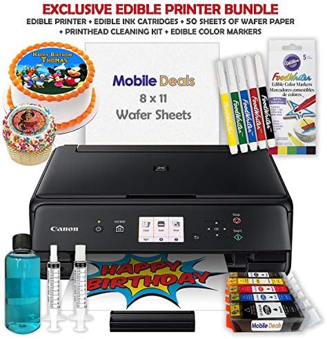 Mobile Deals Edible Birthday Cake Topper and Tasty Treats Image Printer Bundle - Includes Canon Wireless Printer, Edible Ink Cartridges, Edible Markers, Wafer Paper and Edible Print-head Cleaning Kit