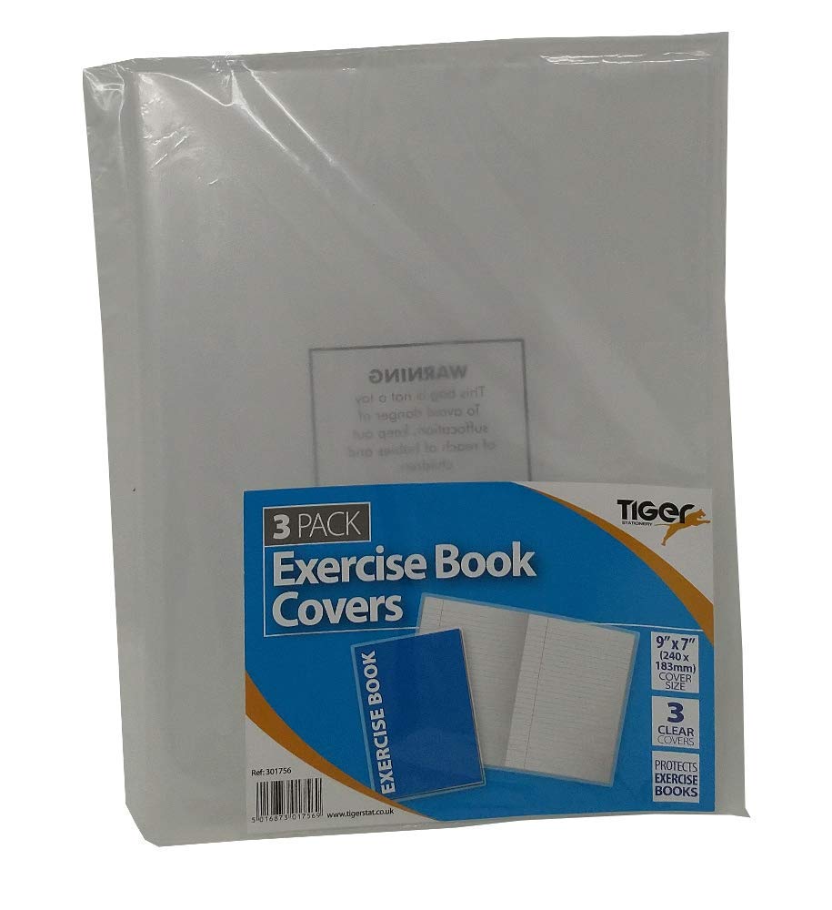 Tiger Stationery Clear Exercise Book Covers (240mm x 183mm) Strong Plastic Protecting Sleeves School Notebook (3 Pack)