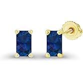 14K Gold Plated 925 Sterling Silver Hypoallergenic 5x3mm Emerald Cut Prong Set Genuine Birthstone Solitaire Screwback Stud Earrings