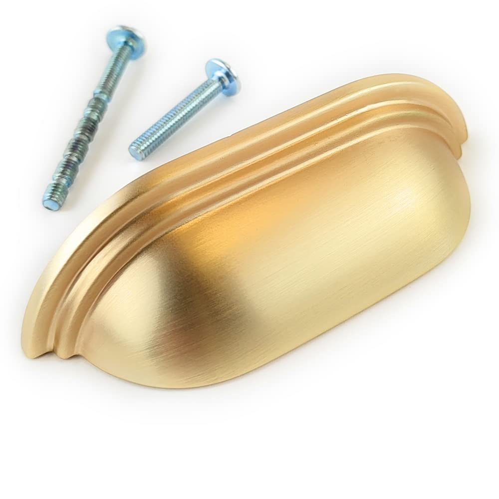 French Furniture Fittings Sets of 6 Cup Handles for Kitchen cabinets, Cupboard Drawer & Door Shell Handles, matt Brushed Brass Finish by FFF (64mm Between fixings)