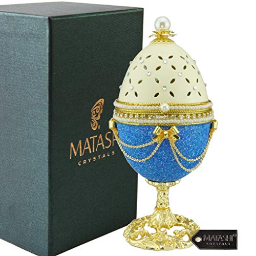 Matashi Blue-Ivory Eggshell Trinket Music Box "Fur Elise" with Crystals and Pearls Faberge Egg Table Top Ornament Decorative Gold Finish Home Decor for Living Room Bedrooms Gift for Christmas Birthday