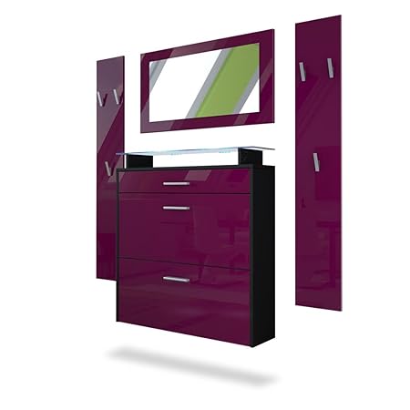 Vladon Garderobenset Garderobe Malea, Korpus in Schwarz matt/Front in Brombeer Hochglanz